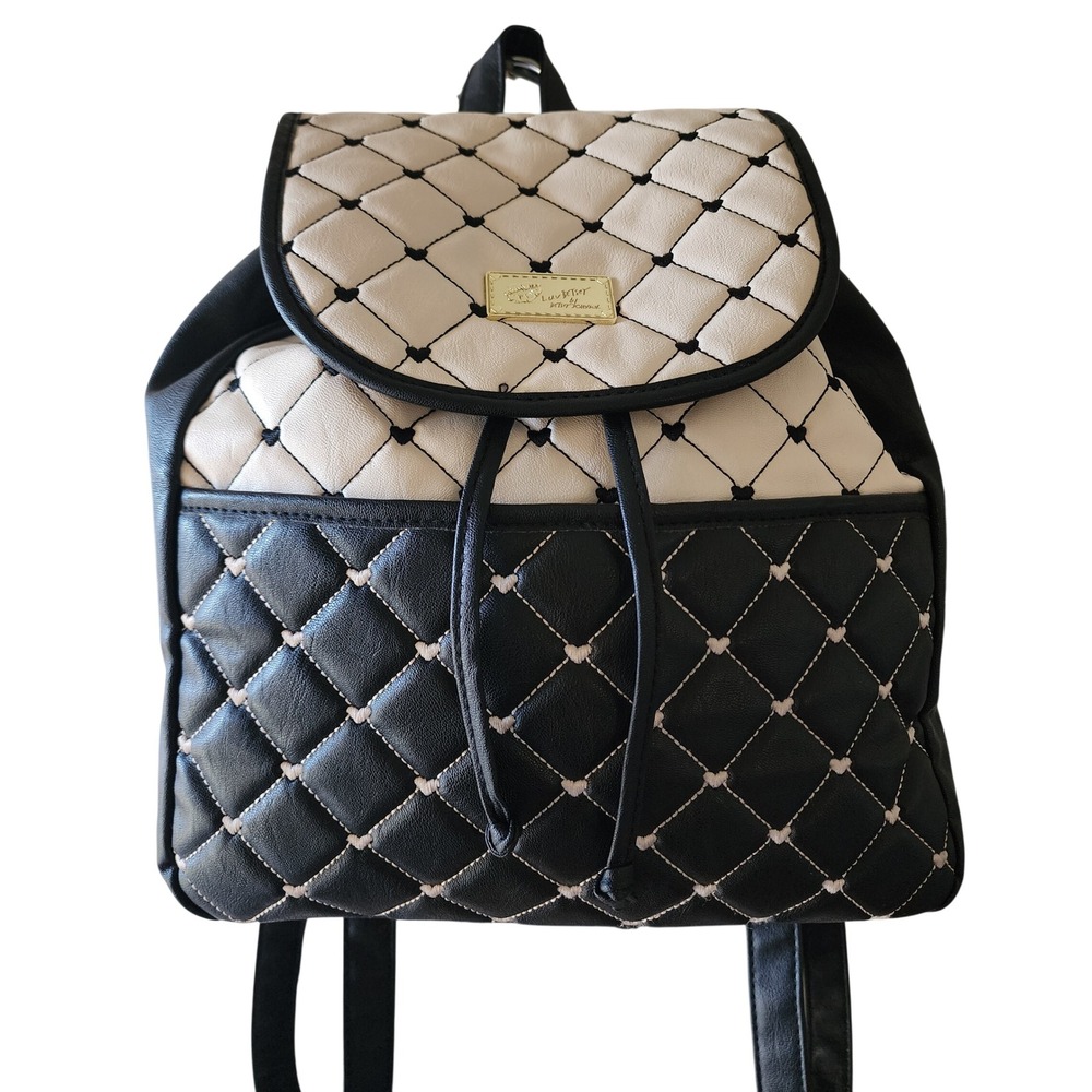 Luv Betsey by Betsey Johnson Heart Quilted Backpack Black Cream Diamond Pattern